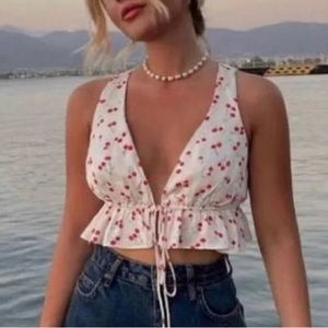 Zara White Satin Red Cherry Print Tank Crop Top Size Medium